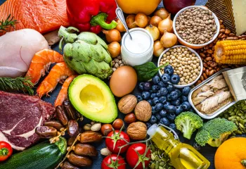 healthy fruits, veggies, oils, nuts, fish