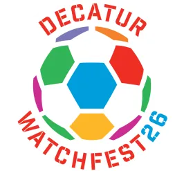 A colorful soccer ball with text around it saying "Decatur WatchFest '26"