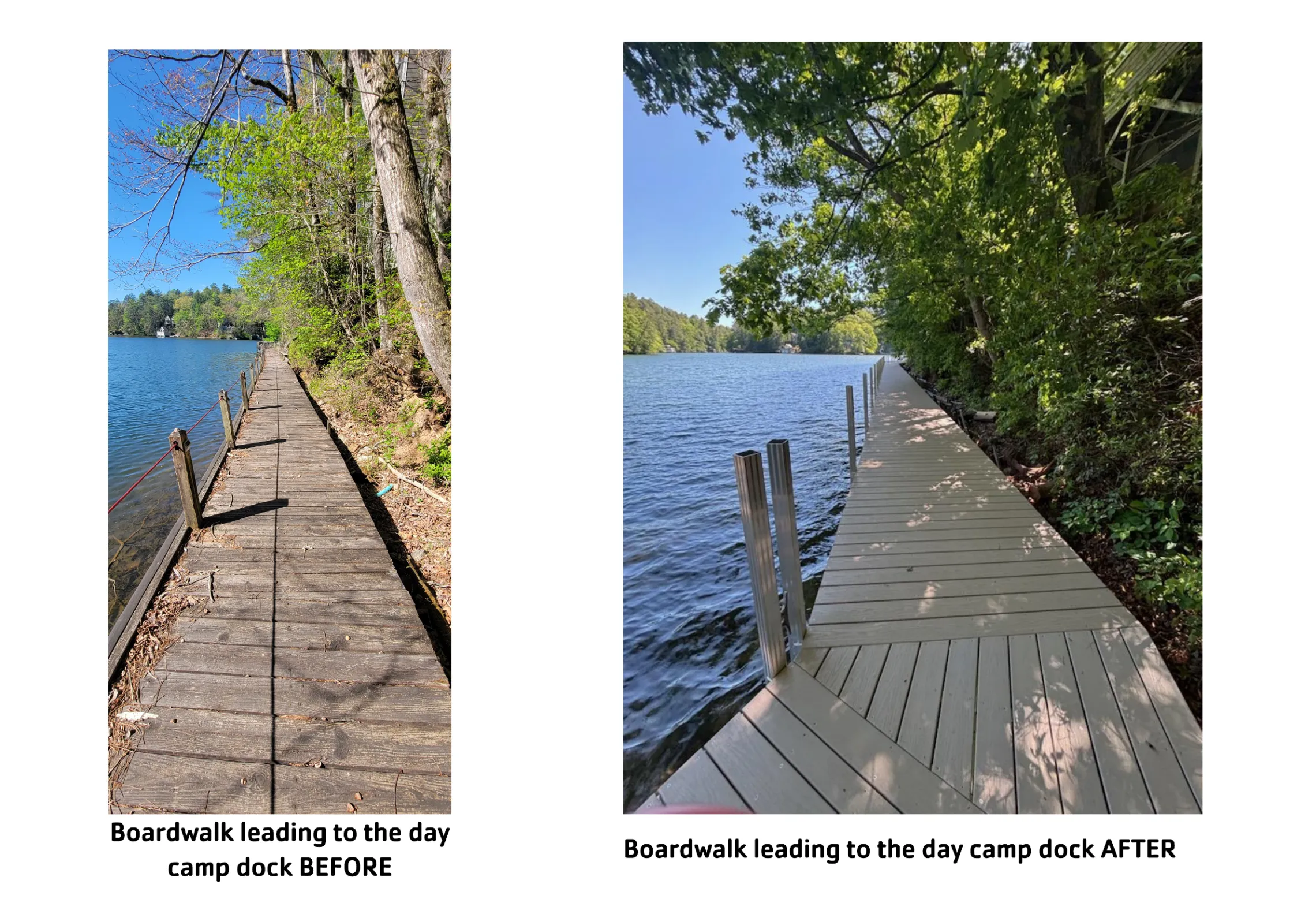 a before and after picture of a boardwalk at Camp High Harbour