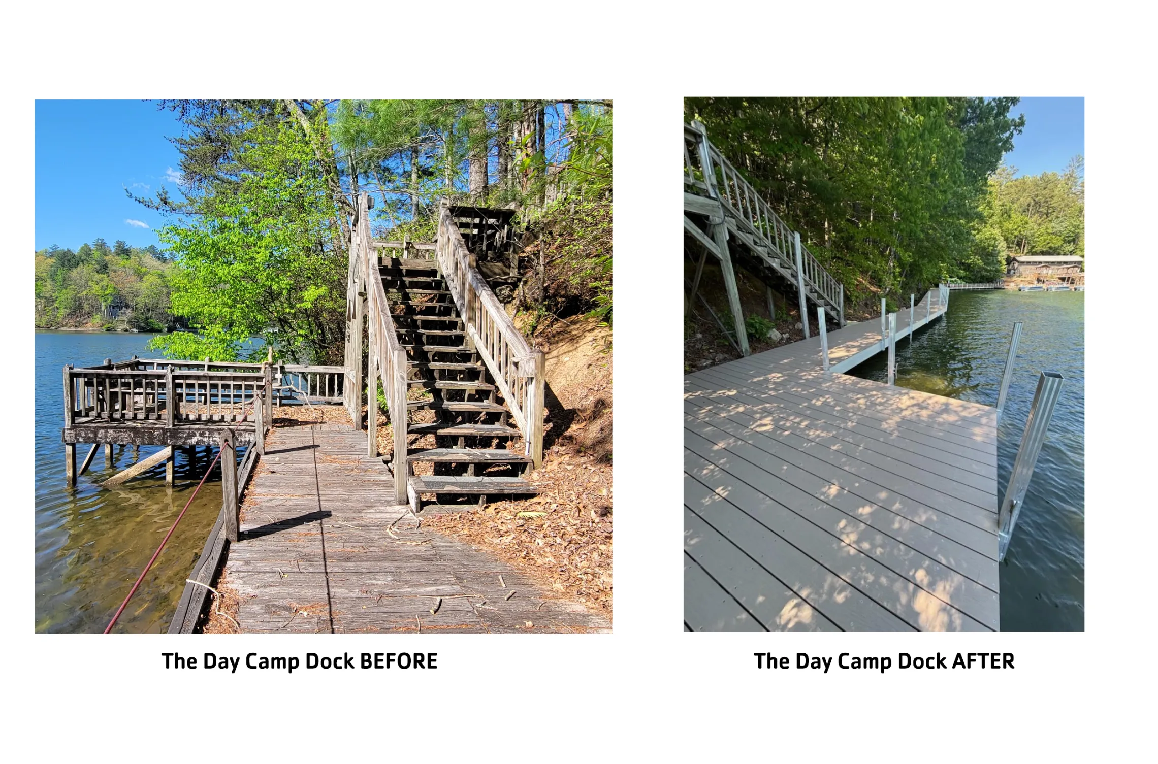 before and after pictures of the Day Camp Dock at Camp High Harbour